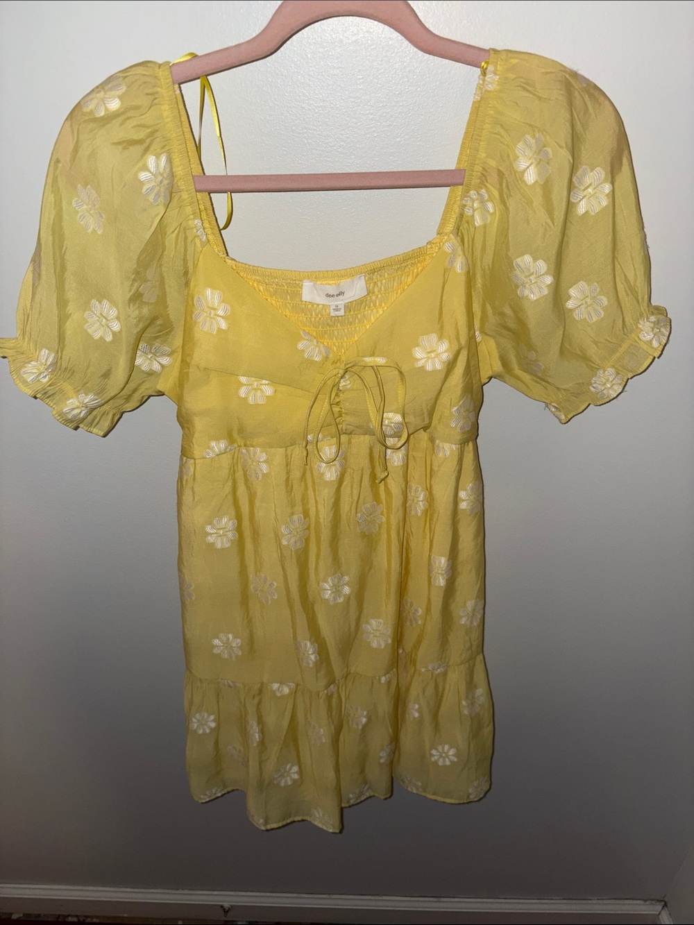 Yellow Floral Puff-Sleeve Tie-Front Dress